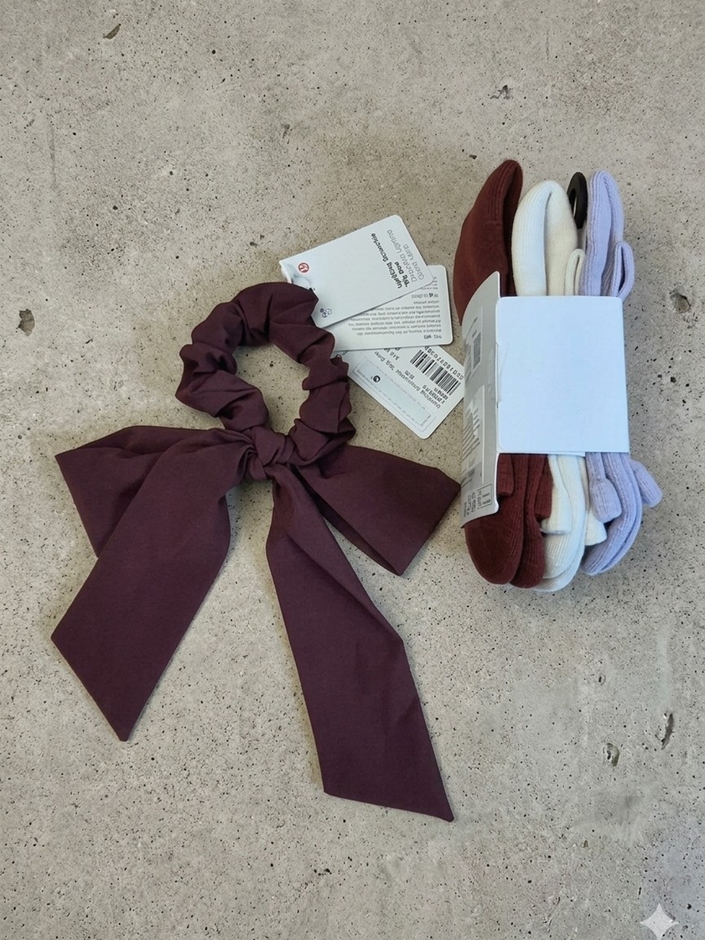 Lululemon SET Big Bow Burgundy Scrunchie & 3 Pack Daily Essential Socks